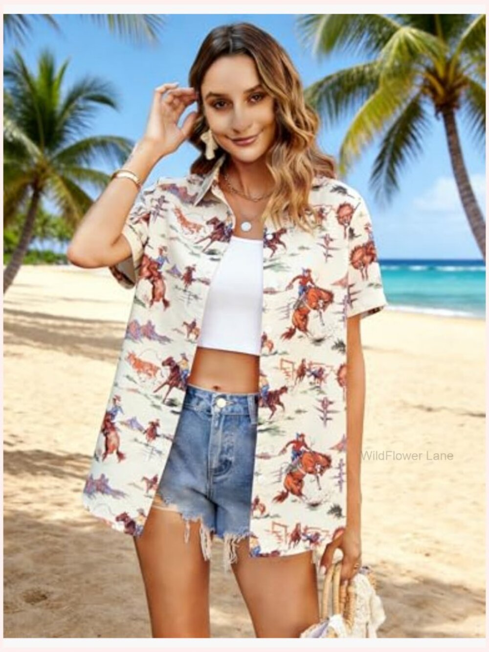 Women's Western Cowgirl Button Down Short Sleeve Blouse - Picture 4 of 6